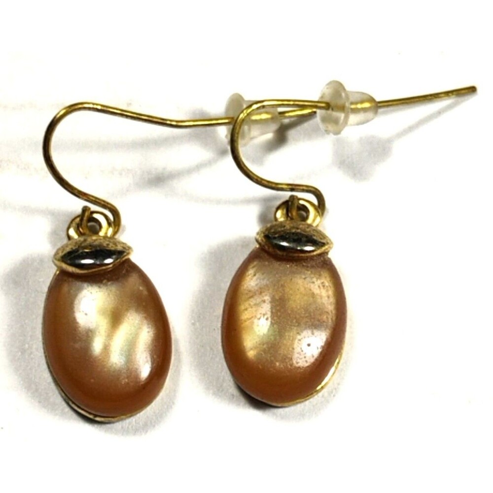 Vintage Signed Trifari Gold Tone Bronze Faux Pearl Oval Dangle Drop Earrings